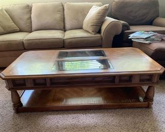 #13 Wood Coffee table w/glass top as is top 54x26x16 $30.00