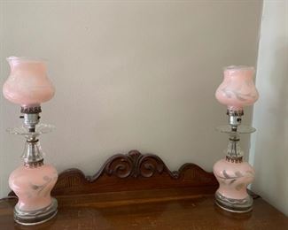 #29 (2) Antique Pink/Embossed hurricane Style Lamps - Pair $50.00
