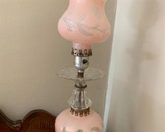 #29 (2) Antique Pink/Embossed hurricane Style Lamps - Pair $50.00