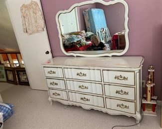 #34 French Provencial Dresser w/9 drawer & Mirror - as is 64x20x33 Mirror 48x35 $100.00
#35 French Provencial Chest of 6 drawers 40x20x52 $125.00
#36 French Provencial Desk w/matching Chair & 4 drawers 45x18x32 $75.00