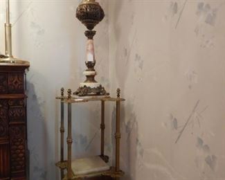 MARBLE AND BRONZE STAND AND GRAND PARLOR LAMP