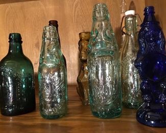 Antique embossed bottles, Codd bottles, figural bottles. 