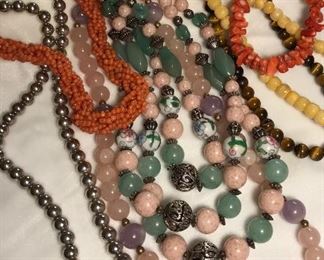 The ‘Jewelry Boutique’ is back, Chinese Export Necklaces, sterling beads, Coral, Tiger Eye beads, rhodanite beads, faux painted cloisonne beads. 