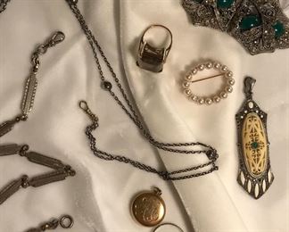 Antique, vintage, gold and gold filled jewelry. Watch chains, watch pins, lockets, bands, rings, pearls, dress clips. 