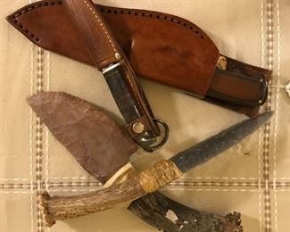 Knives made by a local flint knapper with horn handles, Paul Herring knife with sheath, Case knife with sheath 