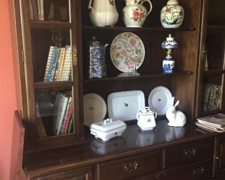 Pennsylvania House sideboard. Part of a collection of tea leaf lustre. Vintage spiral-bound cookbooks. Royal Worcester pitcher.