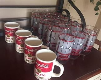 4 vintage Campbell soup mugs. 12 vintage Coca Cola tumblers