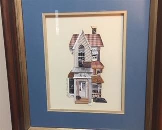 Dimensional victorian house in vintage victorian frame.
