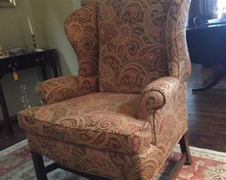 Chippendale style wingback in sage, gold, coral