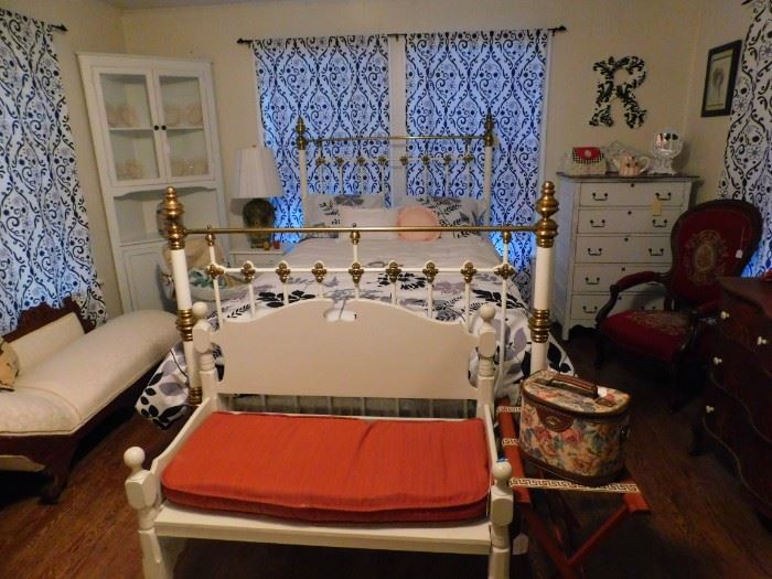 French Bedroom  with iron/brass bed, corner cabinet , fainting couch, and bench