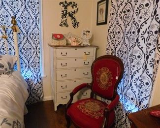 Antique oak chest of drawers and Needlepoint side chair