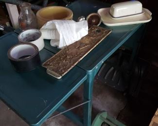 Typewriter table, tools, milk bottle, bike