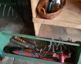 Antique tool box, tools, kitchen, shovels