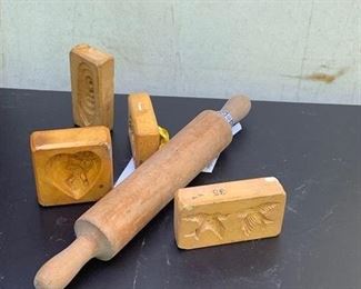 Early soap molds and vintage wooden rolling pin