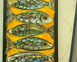 Folk art hand painted colorful fish with fork