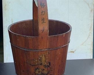 Early Asian wooden water bucket with Asian dsesign and characters