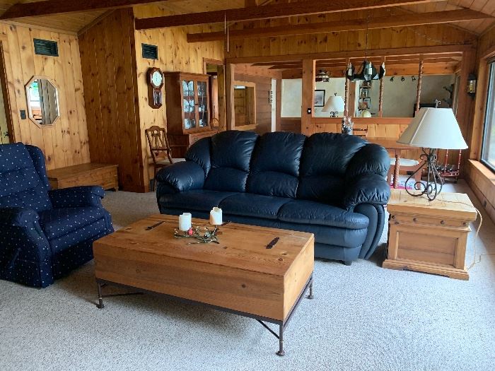 Navy Blue Leather Sofa, Mexican Pine Coffee Tables and End Tables