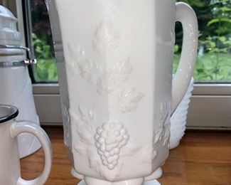Large Milk Glass Pitcher with Grapes