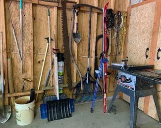 garage items table saw shovels rakes
