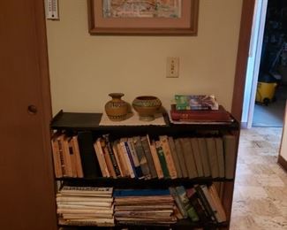 Antique books, art, bookcase, pottery