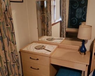 MCM desk, lamp, stool, hand mirror, art