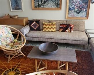 MCM chairs, sofa, area rug, art