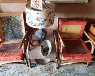 Chairs, end table, lamp, art