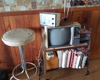 Vintage stool, cart and mini TV, cookbooks