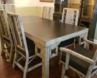 dining table and 6 chairs, 72” x40“ with leaf, black Formica top.