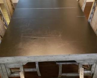 Gray dining table, black Formica top, comes with a leaf, 72” x 40” with leaf