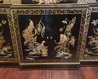Amazing Asian lacquer china cabinet, lit, measures 55” wide, 80” tall, 14” deep. In excellent condition.
