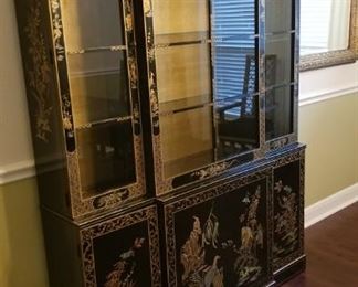 Amazing Asian lacquer china cabinet, lit, measures 55” wide, 80” tall, 14” deep. In excellent condition.