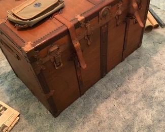 Wonderful wooden flat top trunk with redone interior -- I can't say enough about this trunk -- completely redone inside and out -- has leather straps 