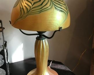 Signed Gold Aurene Pulled Feather Art Glass Lamp