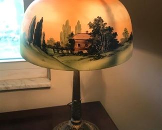 Antique Painted Glass Shaded Lamp