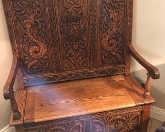 Early Antique Highly Carved Oak Hall Bench