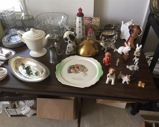 small porcelain animals, plates, punch bowl, and more
