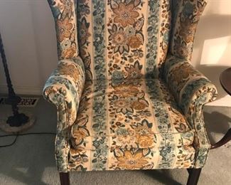 Wingback chair, 1950s era. The maker is O.D. York of Marion, Indiana. Good condition, minor wear on the legs. Comes with the original arm covers and small pillow, although those show a lot of use. Slate blue, gold and cream color fabric.