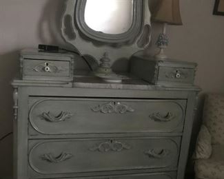 Antique, Victorian vintage wooden 3-drawer dresser with mirror.  Pale blue. Two top storage drawers. 9"x13"marble inlay on top. Very good condition. Measures 41" wide, 18 1/2" deep, 42" high. Mirror measure 26" high. 