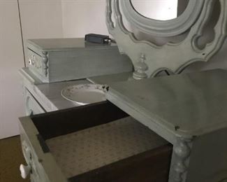Antique, Victorian vintage wooden 3-drawer dresser with mirror.  Pale blue. Two top storage drawers. 9"x13"marble inlay on top. Very good condition. Measures 41" wide, 18 1/2" deep, 42" high. Mirror measure 26" high. 