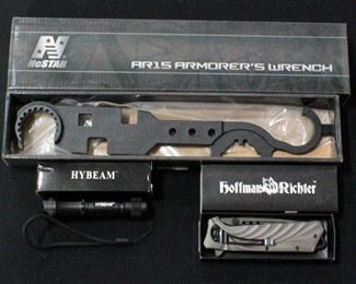 NcStar AR15 Armorer's Wrench, Hoffman Richter Folding Knife and Hybeam Flashlight, All in Original Boxes