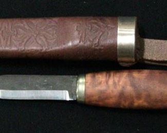 Norwegian Brusletto Wood Handled Knife, 7.25" Overall, In Tooled Leather Sheath