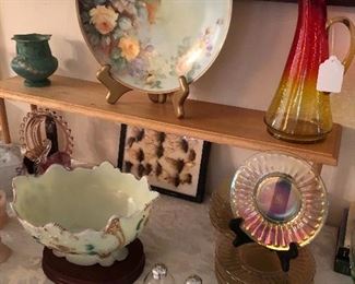 Painted plate
Custard glass bowl
Small sterling pieces
Roseville vase