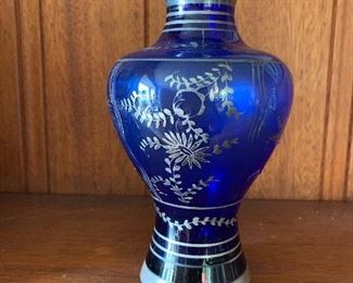 Antique cobalt vase with silver highlights