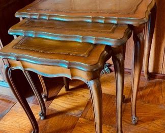 Nesting tables with leather inlay