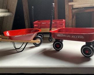 American Flyer toy wagons and wheel barrow