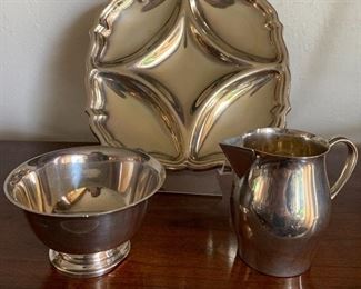 Sterling silver creamer, sugar and sterling divided serving tray