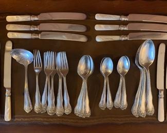 Lancaster Rose by Gorham
sterling silver flatware set
and 12 Mother-of-Pearl antique knives