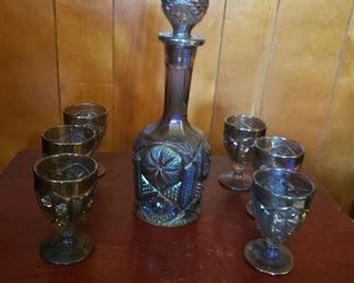 Carnival Glass Wine Decanter with 6 wine glasses