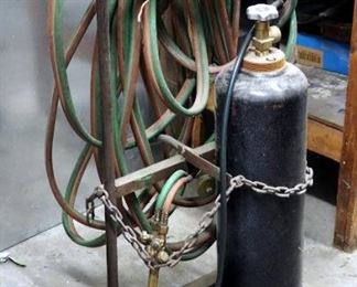 Metal Compressed Gas Tank, Welding Hose And 2 Wheel Tank Cart